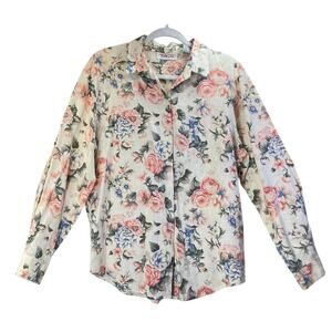 VGT Talbots Womens M Cream Rose Print Linen Blend Long Sleeves Cottage Core